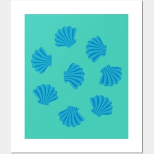 SEASHELLS Scattered Tropical Scallop Clam Shells Undersea Ocean Sea Life in Blue and Aqua Turquoise - UnBlink Studio by Jackie Tahara Posters and Art